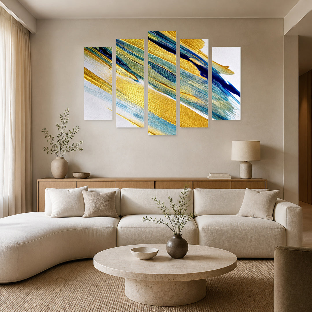 Golden Abstraction 23 with Geometric Rhythm — five-panel wall art in alternate frontal interior | 5wallart 53468 M4