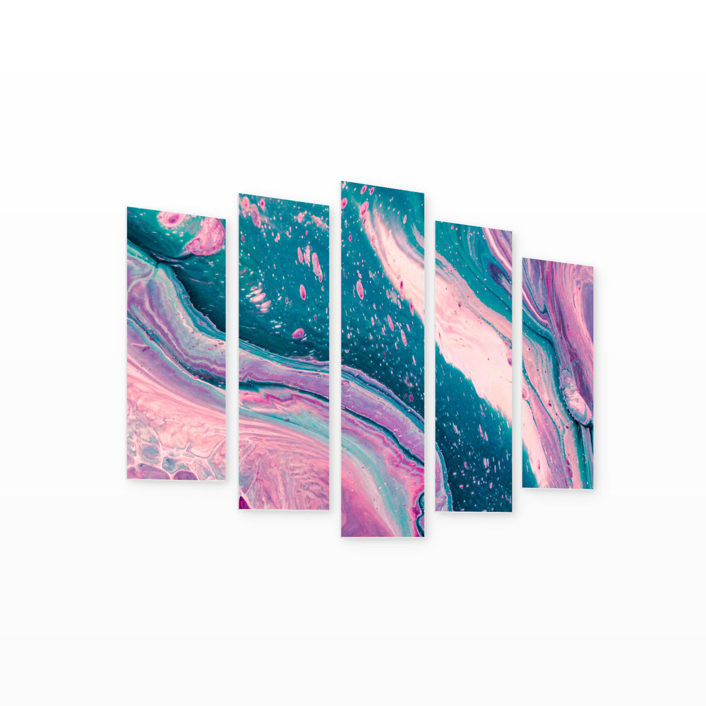Spilled Colors, Pink Abstraction with Geometric Rhythm — five-panel wall art on white background in perspective | 5wallart 53471 M1