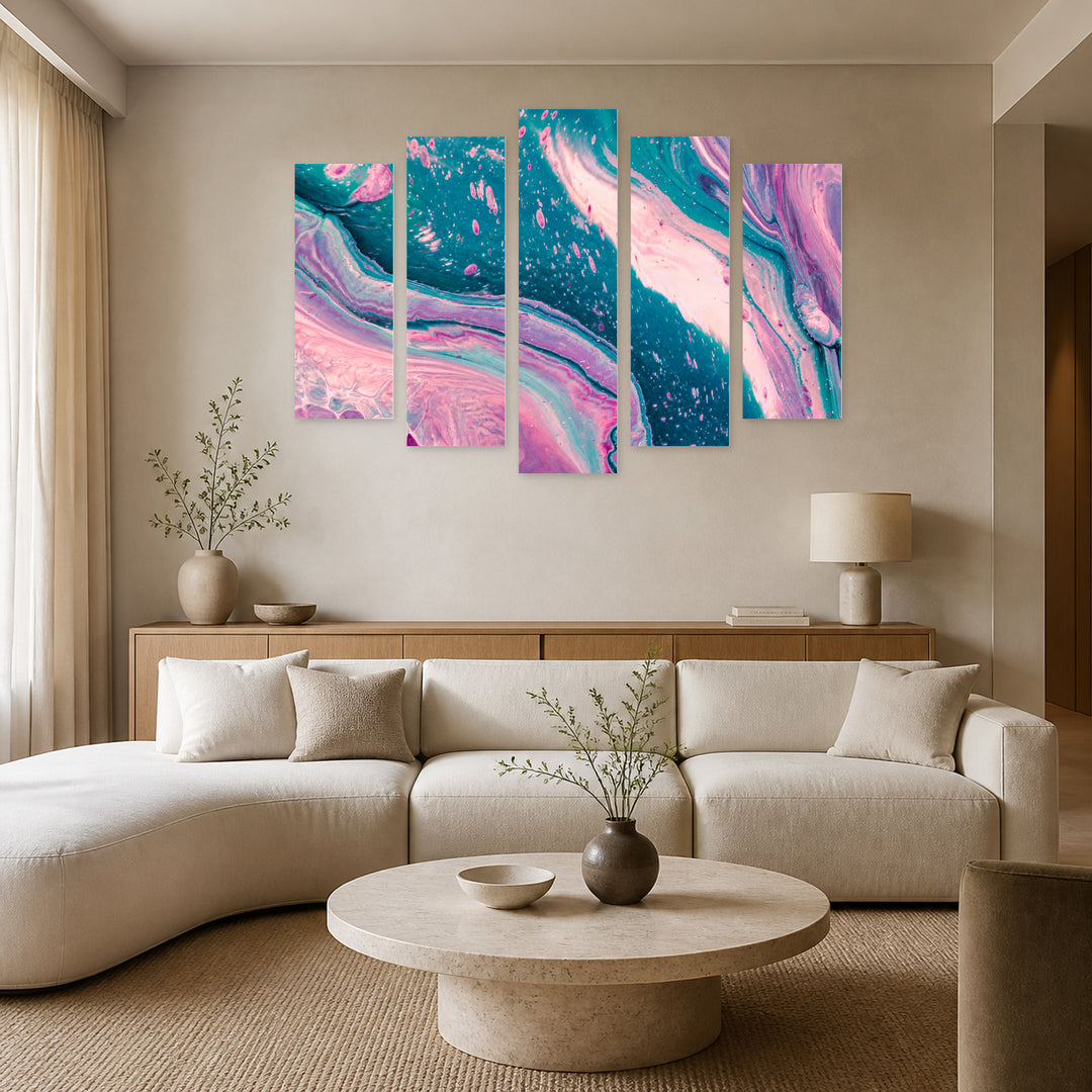 Spilled Colors, Pink Abstraction with Geometric Rhythm — five-panel wall art in frontal interior | 5wallart 53471 M3