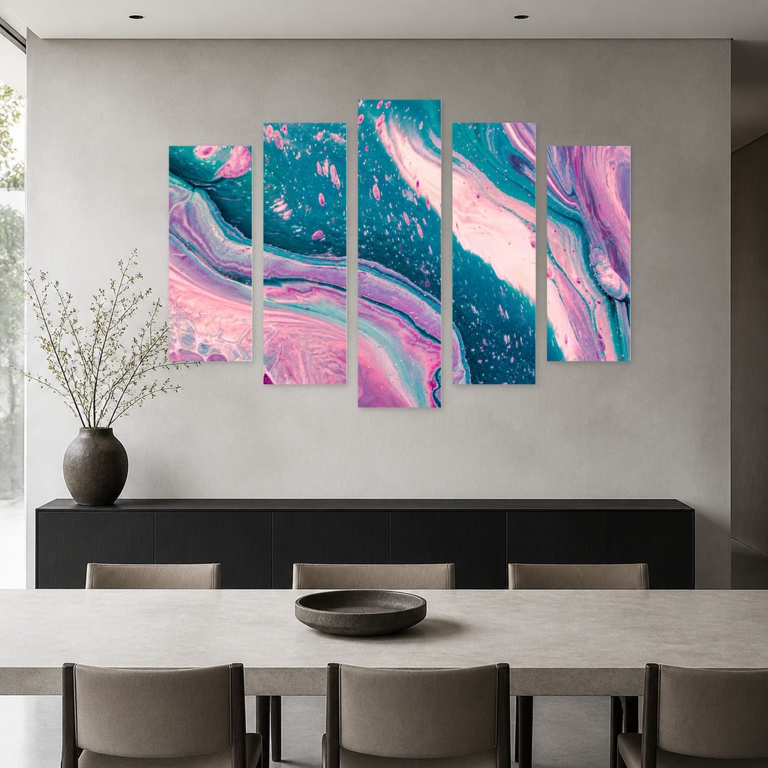Spilled Colors, Pink Abstraction with Geometric Rhythm — five-panel wall art in alternate frontal interior | 5wallart 53471 M4