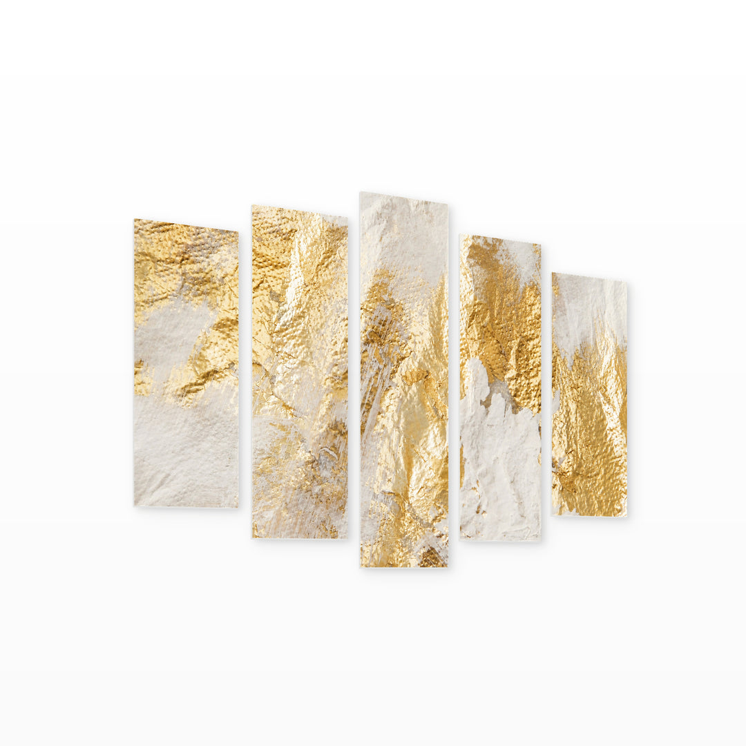 Abstraction in White and Gold with Geometric Rhythm — five-panel wall art on white background in perspective | 5wallart 53474 M1
