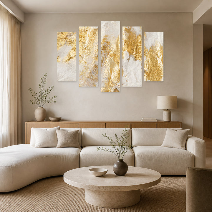 Abstraction in White and Gold with Geometric Rhythm — five-panel wall art in alternate frontal interior | 5wallart 53474 M4