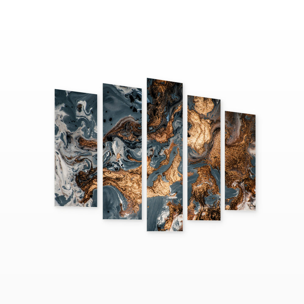 Golden Abstraction 33 with Geometric Rhythm — five-panel wall art on white background in perspective | 5wallart 53477 M1