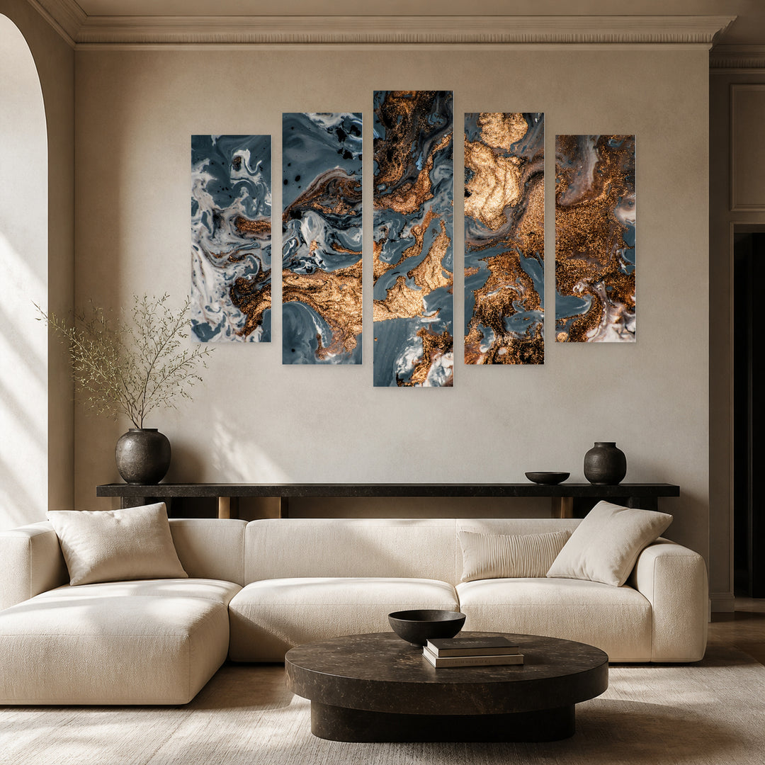 Golden Abstraction 33 with Geometric Rhythm — five-panel wall art in frontal interior | 5wallart 53477 M3