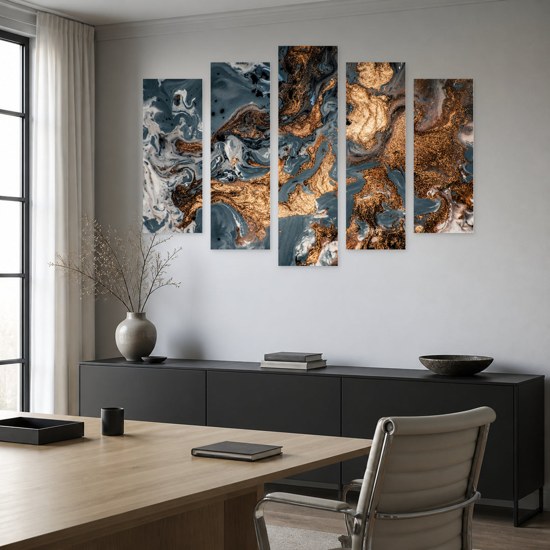 Golden Abstraction 33 with Geometric Rhythm — five-panel wall art in alternate frontal interior | 5wallart 53477 M4