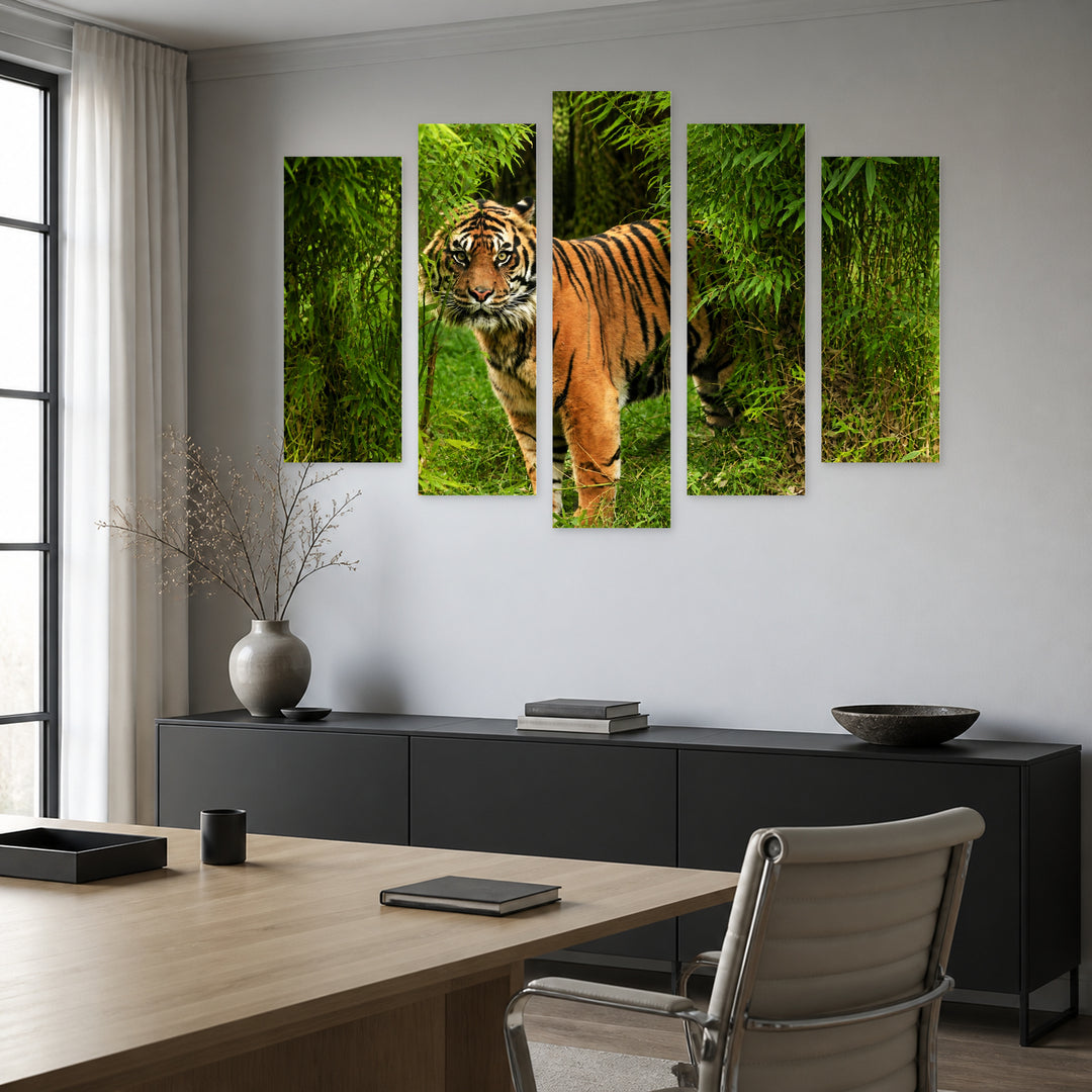 Bengal Tiger in Bamboo — five-panel wall art in alternate frontal interior | 5wallart 53491 M4