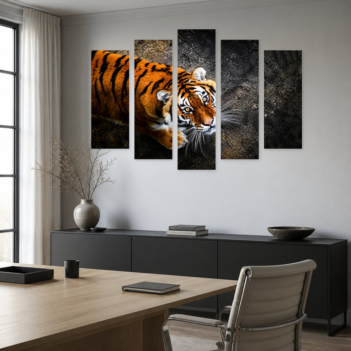 Malayan Tiger with Dramatic Contrast — five-panel wall art in frontal interior | 5wallart 53494 M3