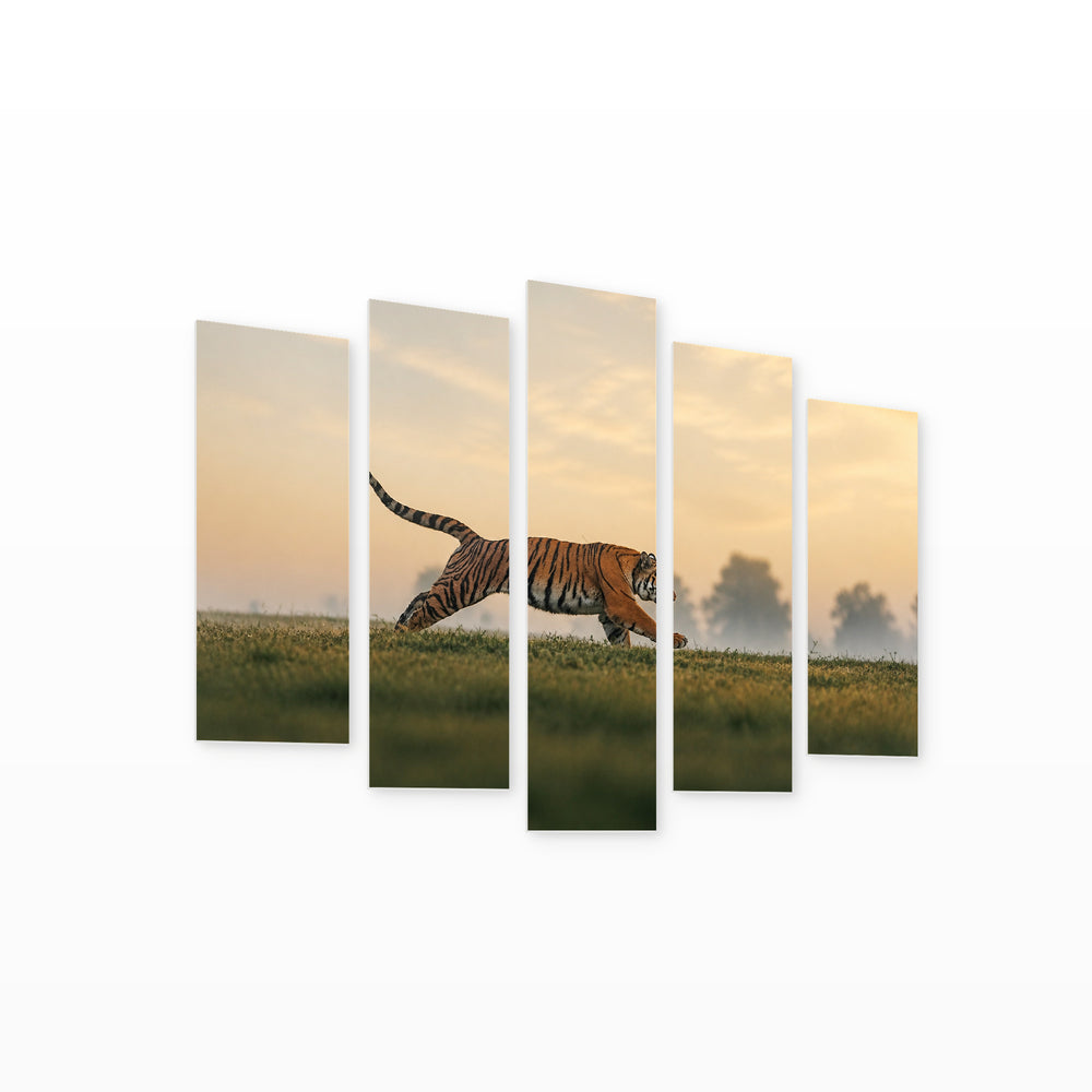 Running Tiger Wildlife Portrait — five-panel wall art on white background in perspective | 5wallart 53497 M1