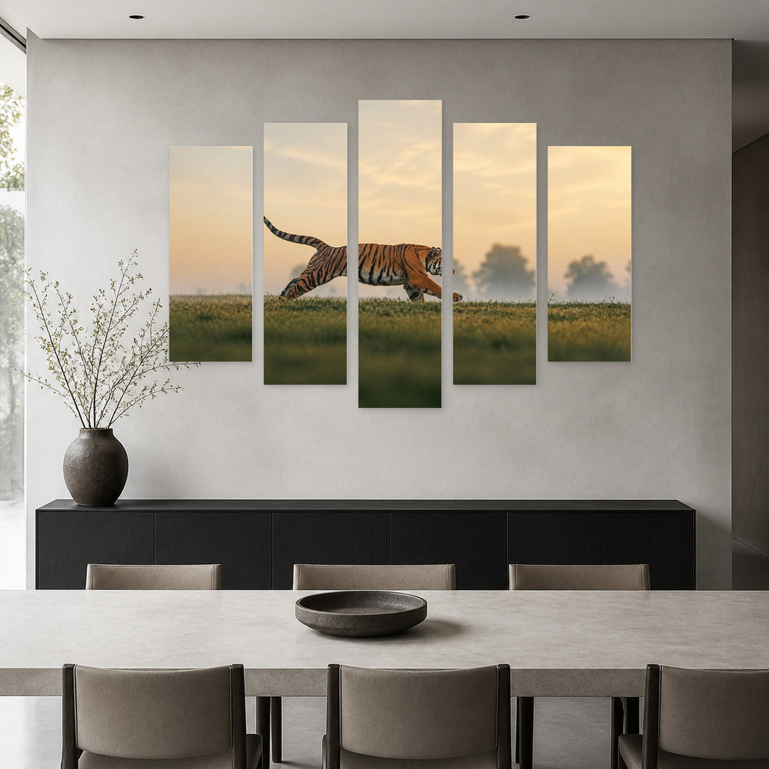 Running Tiger Wildlife Portrait — five-panel wall art in alternate frontal interior | 5wallart 53497 M4