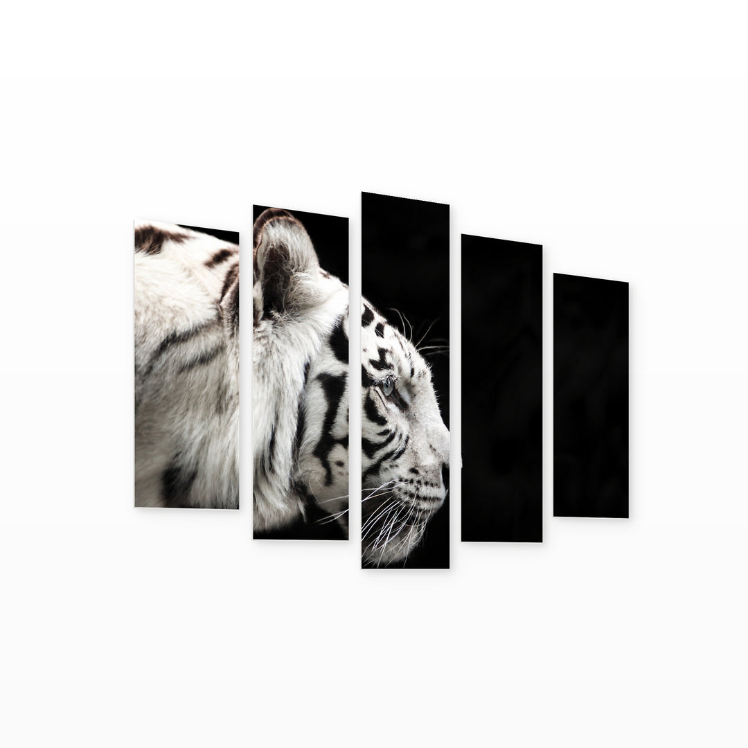 White Tiger Profile in Serene Light — five-panel wall art on white background in perspective | 5wallart 53502 M1