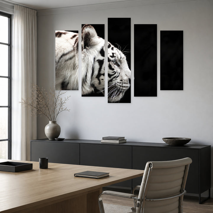 White Tiger Profile in Serene Light — five-panel wall art in frontal interior | 5wallart 53502 M3