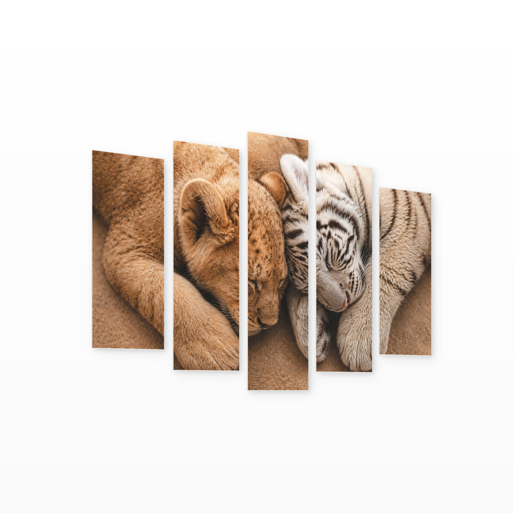 Tiger Cub and Lion Cub with Dreamlike Atmosphere — five-panel wall art on white background in perspective | 5wallart 53503 M1