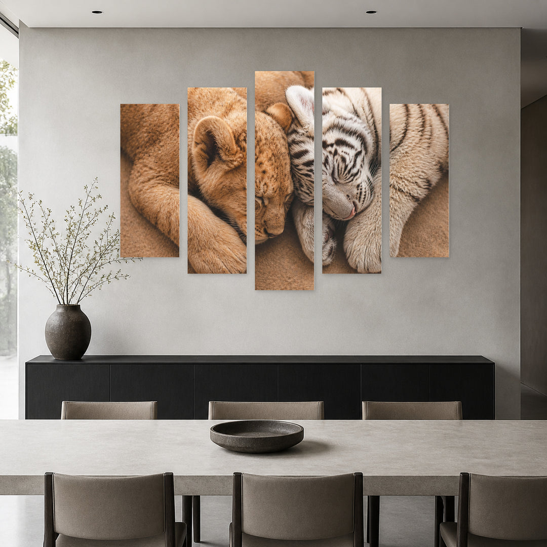 Tiger Cub and Lion Cub with Dreamlike Atmosphere — five-panel wall art in alternate frontal interior | 5wallart 53503 M4