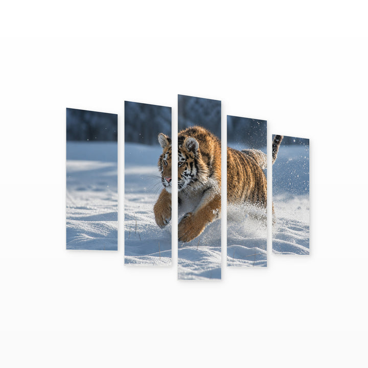 Siberian Tiger in the Snow in Winter — five-panel wall art on white background in perspective | 5wallart 53509 M1