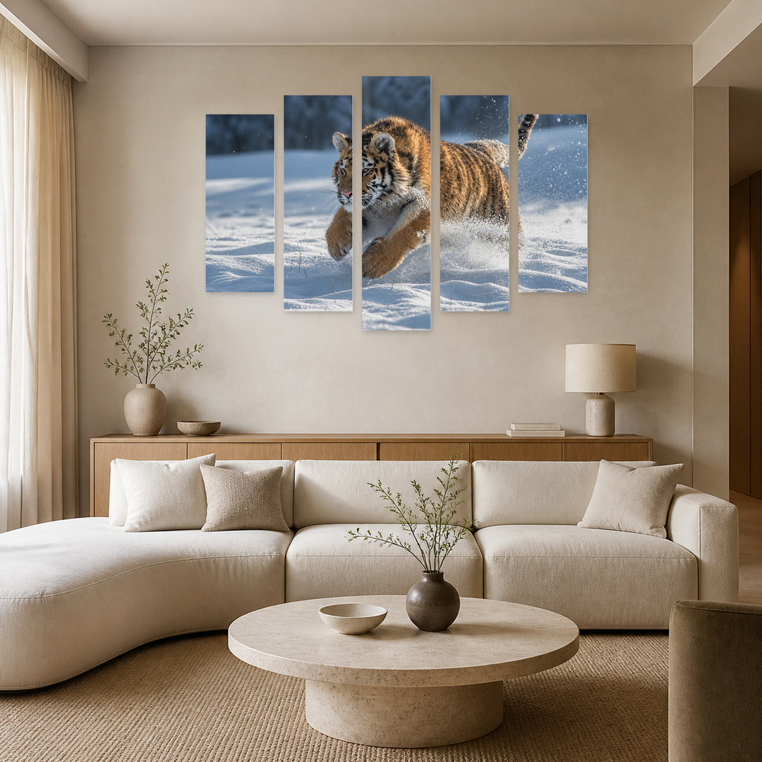 Siberian Tiger in the Snow in Winter — five-panel wall art in frontal interior | 5wallart 53509 M3