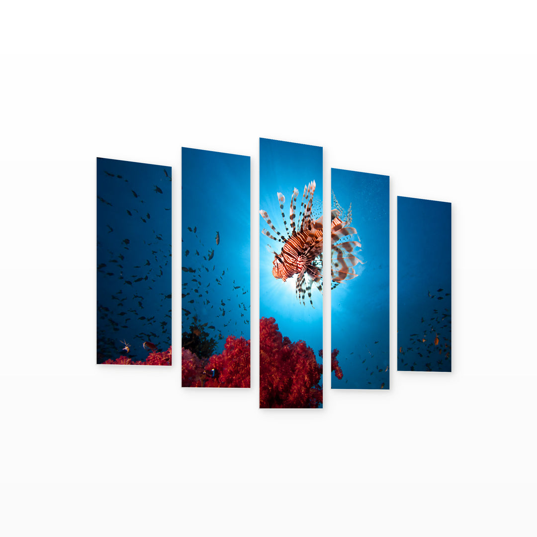 Lionfish in the Ocean in Vivid Color — five-panel wall art on white background in perspective | 5wallart 53557 M1