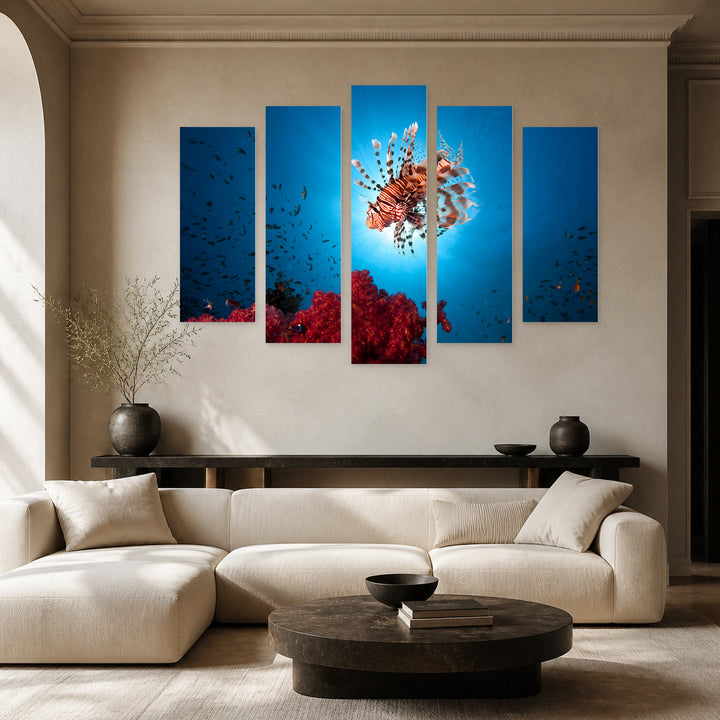 Lionfish in the Ocean in Vivid Color — five-panel wall art in frontal interior | 5wallart 53557 M3