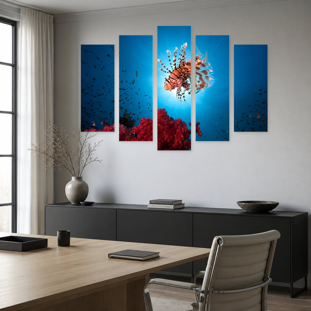Lionfish in the Ocean in Vivid Color — five-panel wall art in alternate frontal interior | 5wallart 53557 M4