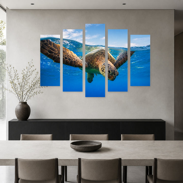 Sea Turtle Portrait in Serene Light — five-panel wall art in frontal interior | 5wallart 53562 M3