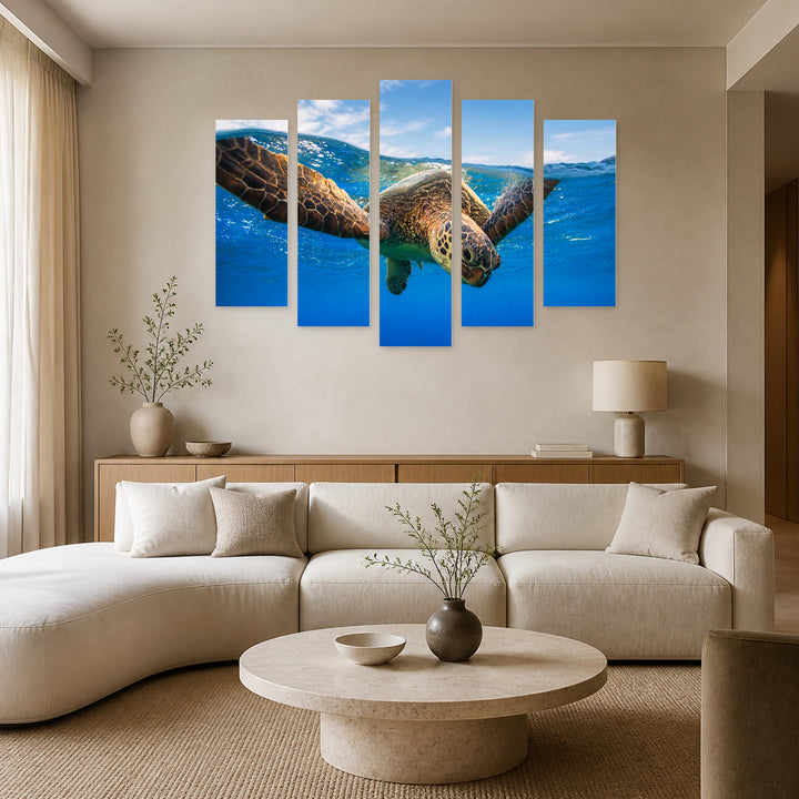 Sea Turtle Portrait in Serene Light — five-panel wall art in alternate frontal interior | 5wallart 53562 M4