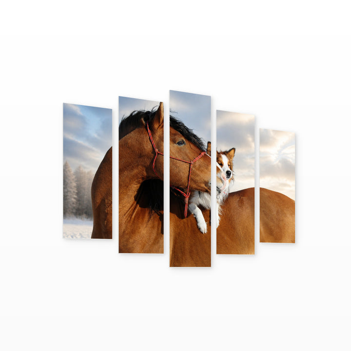 Horse and Dog with Dreamlike Atmosphere — five-panel wall art on white background in perspective | 5wallart 53589 M1