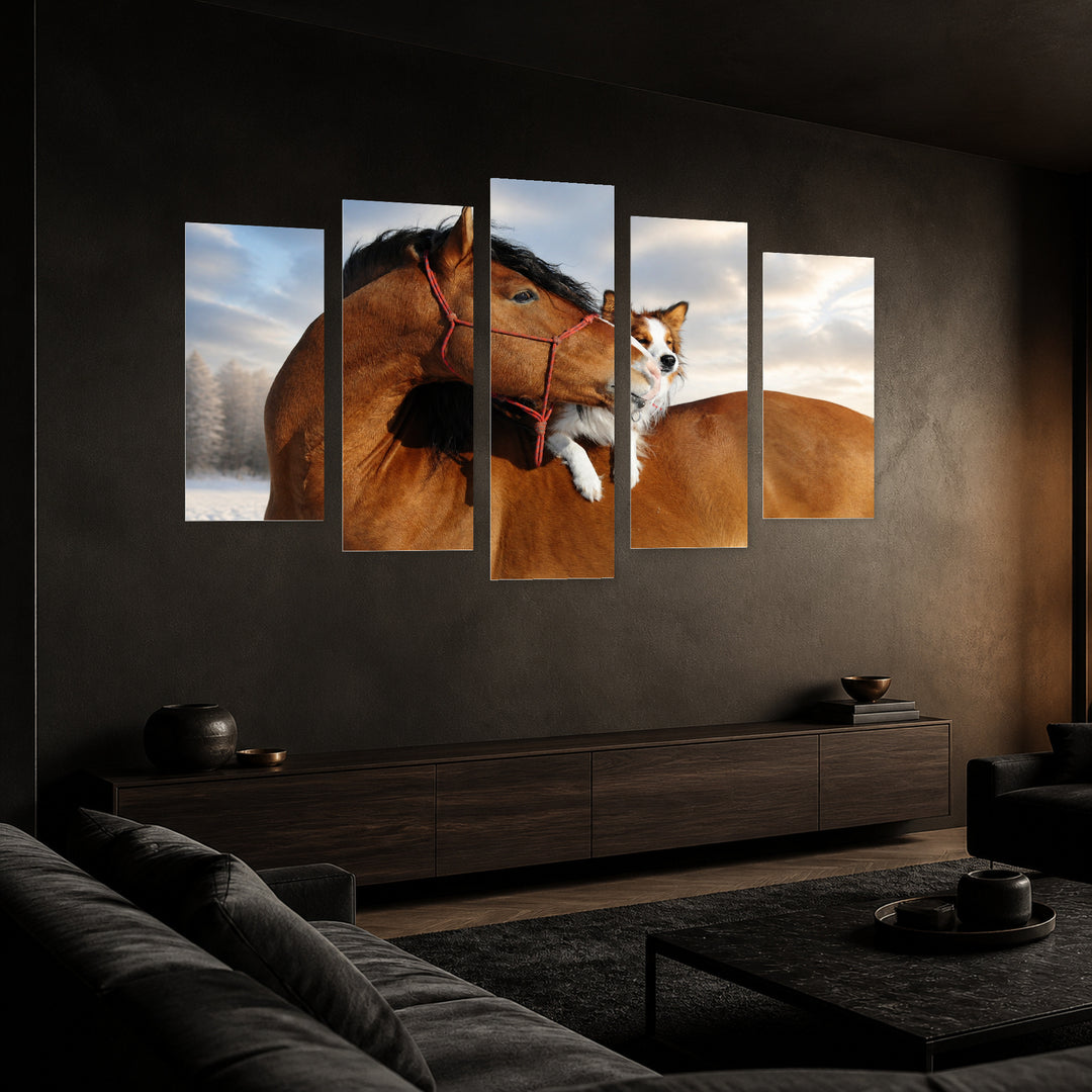 Horse and Dog with Dreamlike Atmosphere — five-panel wall art in perspective interior | 5wallart 53589 M2