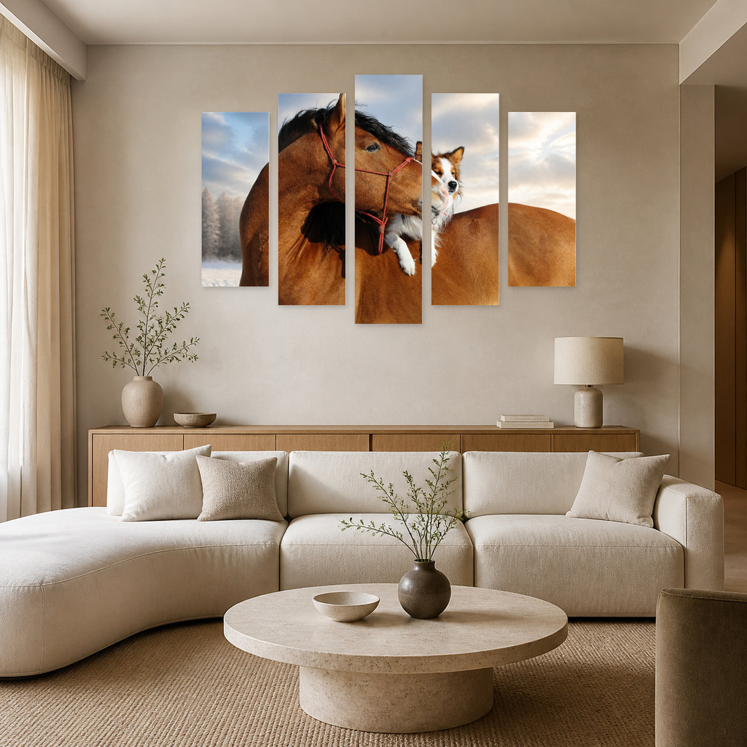 Horse and Dog with Dreamlike Atmosphere — five-panel wall art in frontal interior | 5wallart 53589 M3