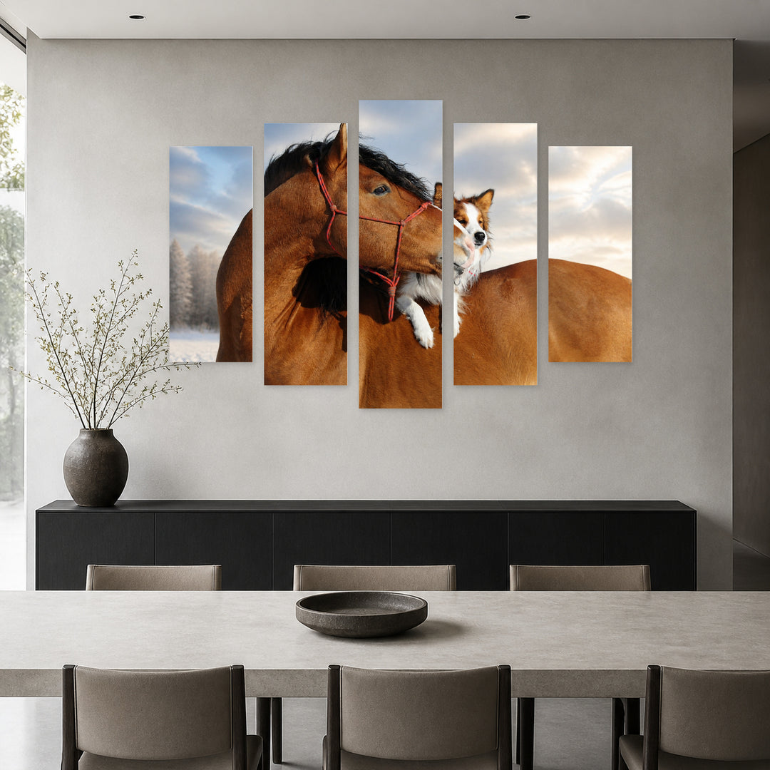 Horse and Dog with Dreamlike Atmosphere — five-panel wall art in alternate frontal interior | 5wallart 53589 M4