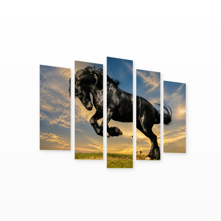 Frisian Stallion in Blue and Gold — five-panel wall art on white background in perspective | 5wallart 53590 M1