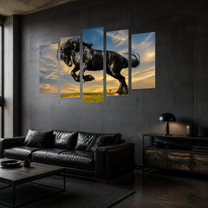 Frisian Stallion in Blue and Gold — five-panel wall art in perspective interior | 5wallart 53590 M2