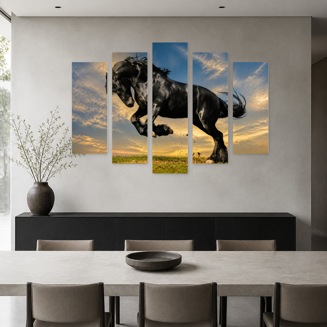 Frisian Stallion in Blue and Gold — five-panel wall art in frontal interior | 5wallart 53590 M3