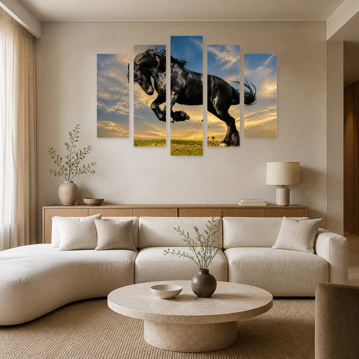 Frisian Stallion in Blue and Gold — five-panel wall art in alternate frontal interior | 5wallart 53590 M4