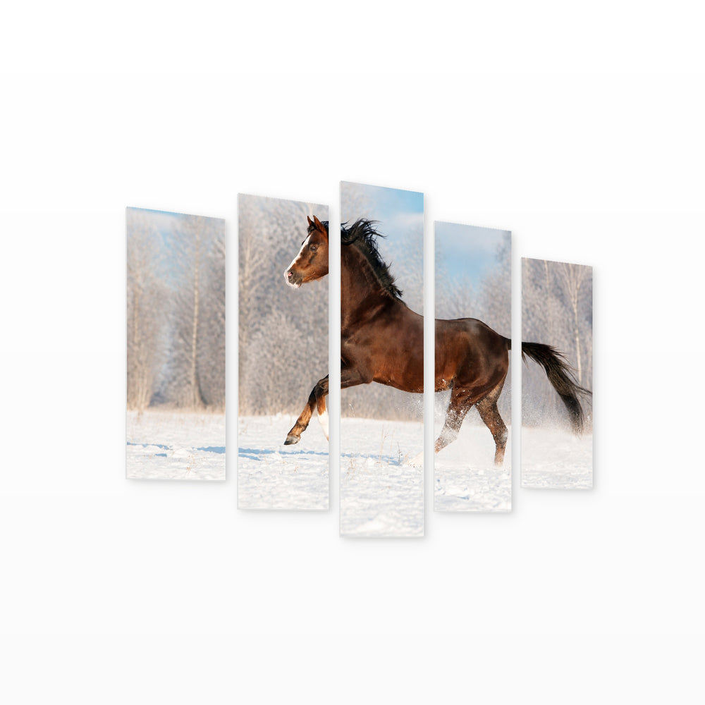 Brown Welsh Pony in Winter with Dreamlike Atmosphere — five-panel wall art on white background in perspective | 5wallart 53592 M1