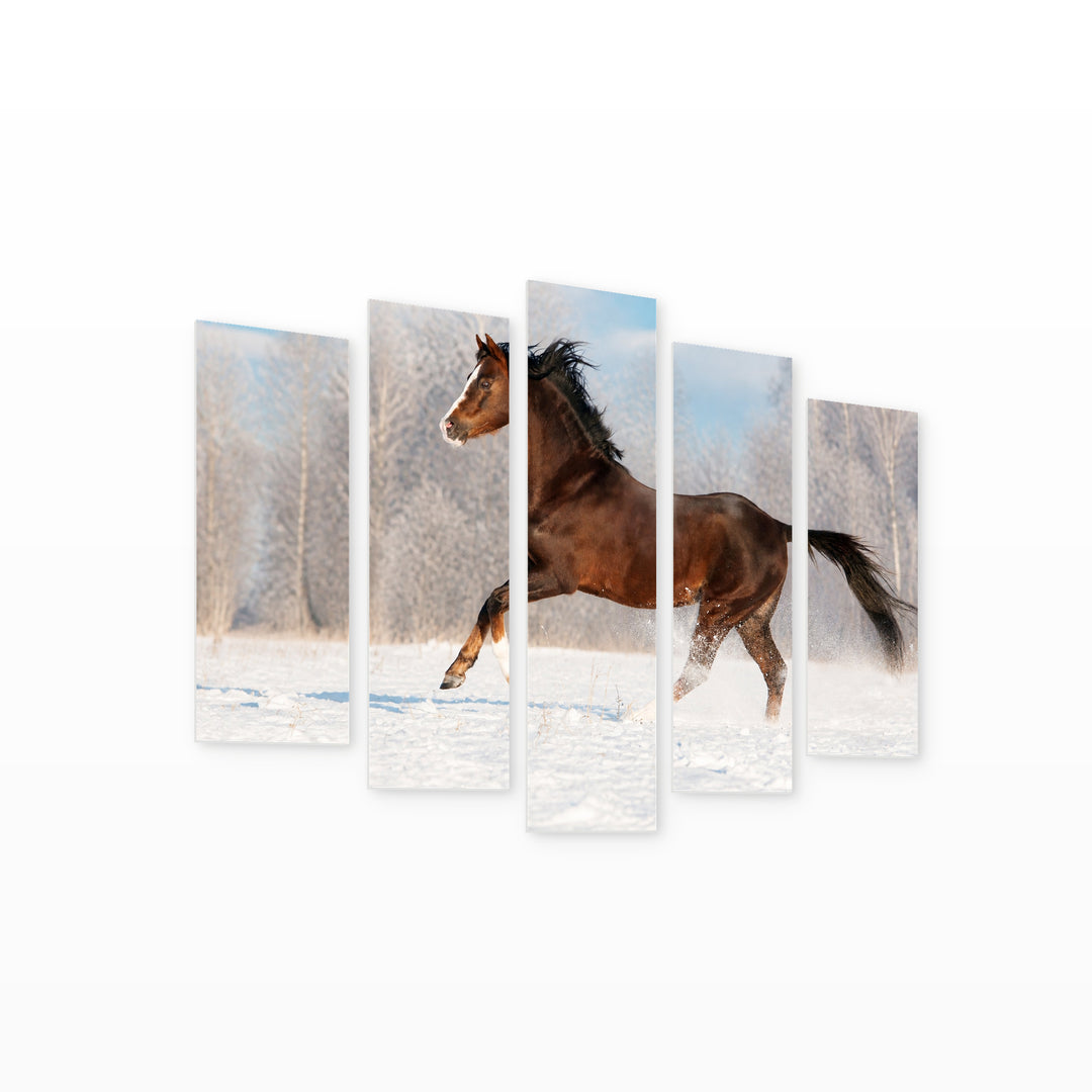Brown Welsh Pony in Winter with Dreamlike Atmosphere — five-panel wall art on white background in perspective | 5wallart 53592 M1