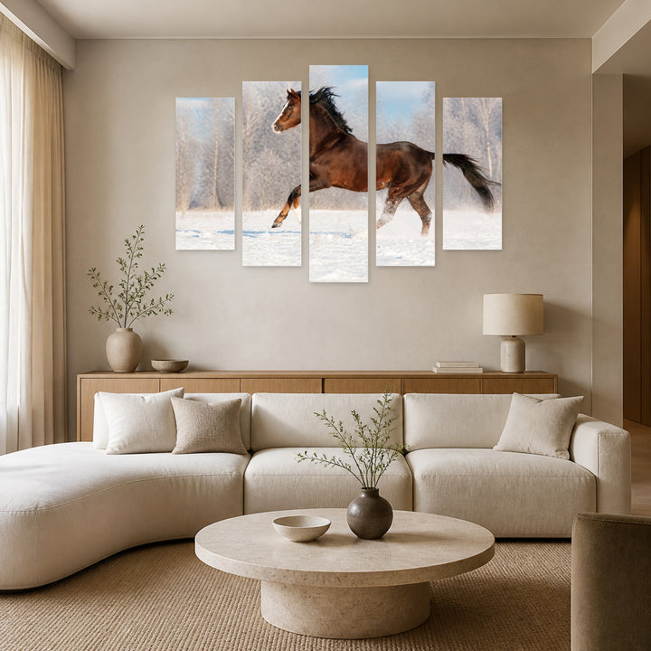 Brown Welsh Pony in Winter with Dreamlike Atmosphere — five-panel wall art in alternate frontal interior | 5wallart 53592 M4