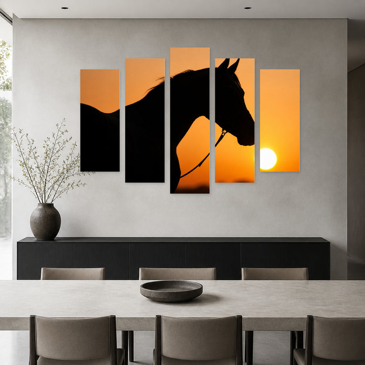 Silhouette of an Arabian Horse in Serene Light — five-panel wall art in alternate frontal interior | 5wallart 53595 M4