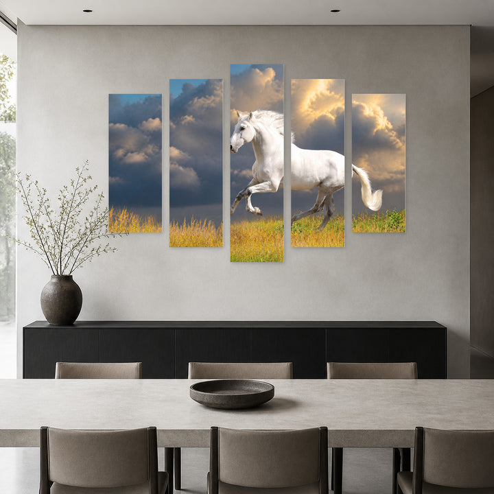 White Andalusian Horse in Serene Light — five-panel wall art in alternate frontal interior | 5wallart 53597 M4