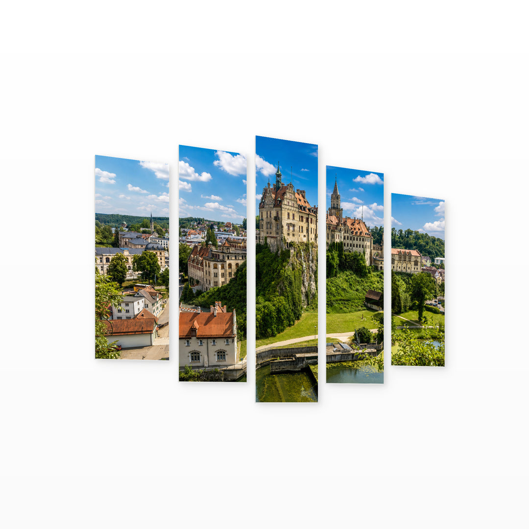 Sigmaringen Castle in Blue and Gold — five-panel wall art on white background in perspective | 5wallart 53604 M1