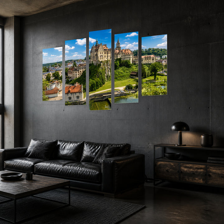 Sigmaringen Castle in Blue and Gold — five-panel wall art in perspective interior | 5wallart 53604 M2