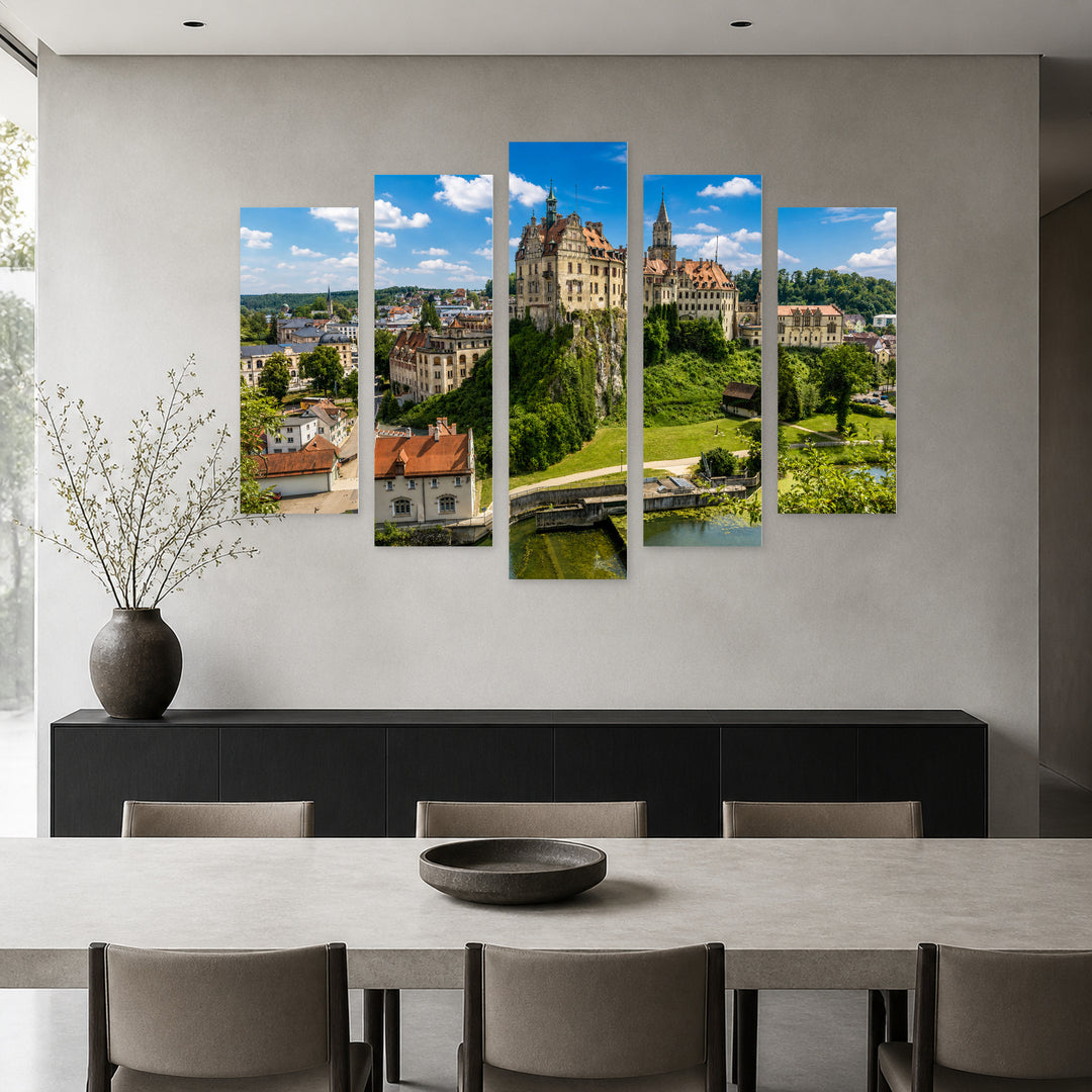 Sigmaringen Castle in Blue and Gold — five-panel wall art in frontal interior | 5wallart 53604 M3