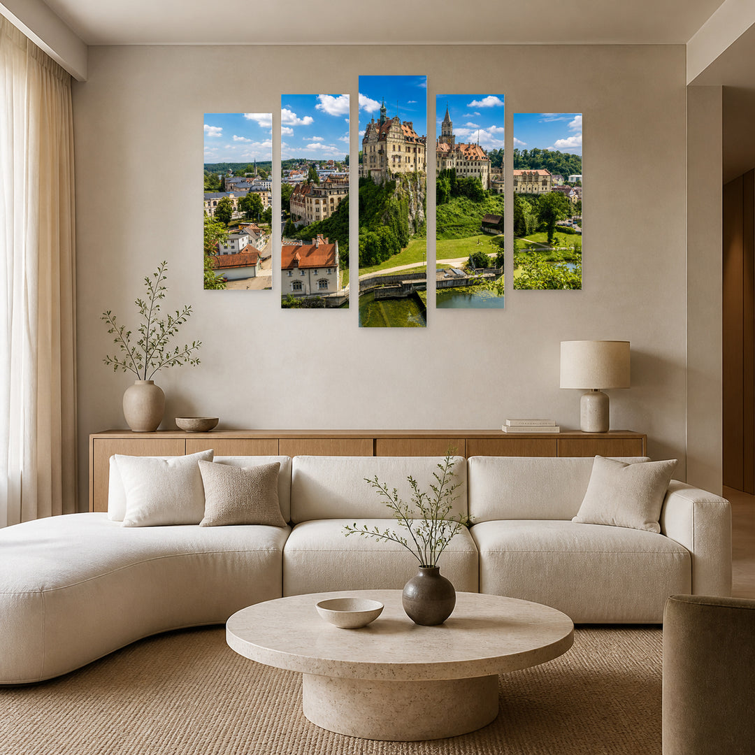 Sigmaringen Castle in Blue and Gold — five-panel wall art in alternate frontal interior | 5wallart 53604 M4
