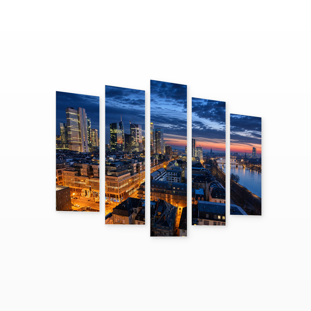 Frankfurt After Dark — five-panel wall art on white background in perspective | 5wallart 53605 M1
