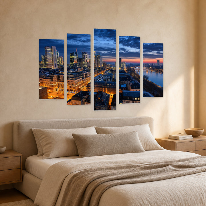 Frankfurt After Dark — five-panel wall art in perspective interior | 5wallart 53605 M2
