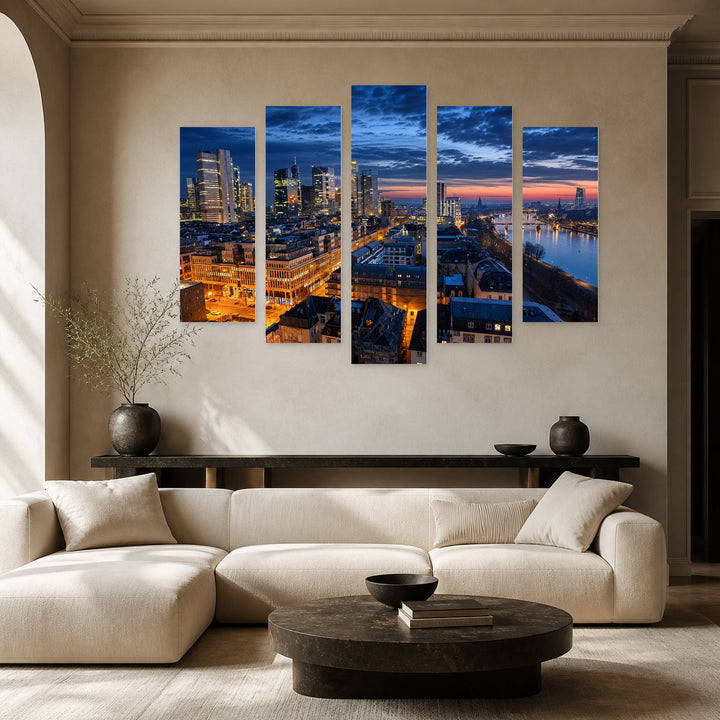 Frankfurt After Dark — five-panel wall art in frontal interior | 5wallart 53605 M3