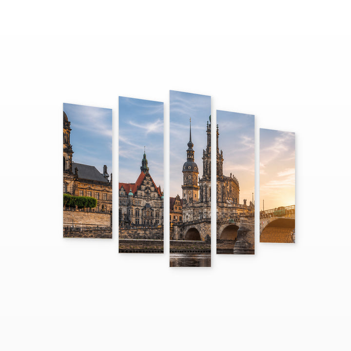 Dresden with Geometric Rhythm — five-panel wall art on white background in perspective | 5wallart 53612 M1
