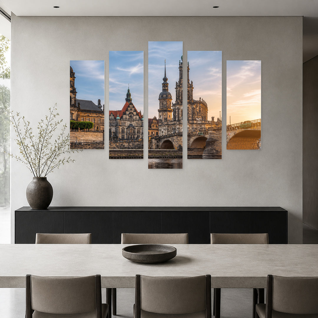 Dresden with Geometric Rhythm — five-panel wall art in frontal interior | 5wallart 53612 M3