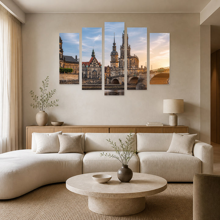Dresden with Geometric Rhythm — five-panel wall art in alternate frontal interior | 5wallart 53612 M4