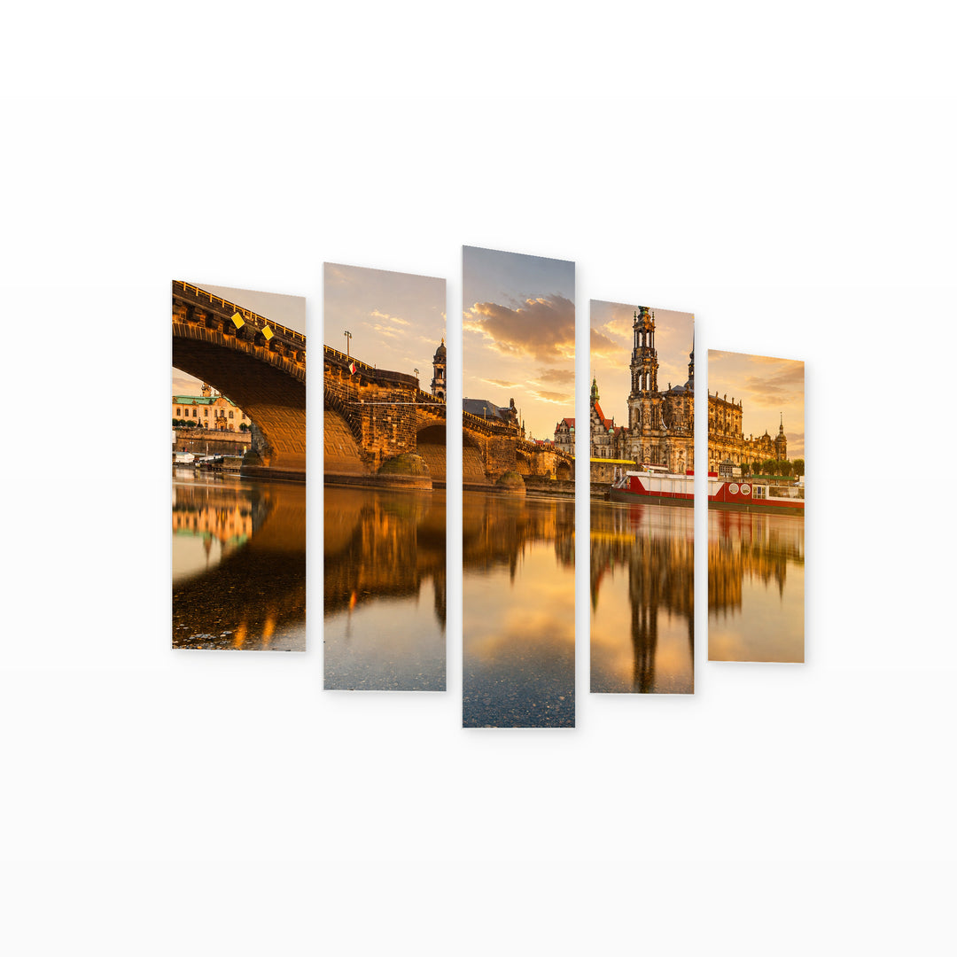 August Bridge at Golden Sunset — five-panel wall art on white background in perspective | 5wallart 53613 M1