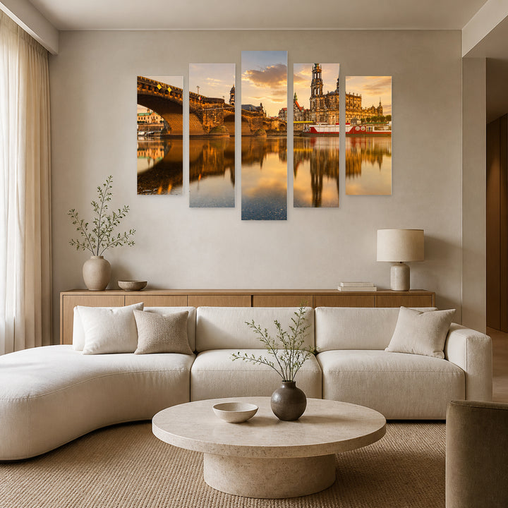 August Bridge at Golden Sunset — five-panel wall art in frontal interior | 5wallart 53613 M3
