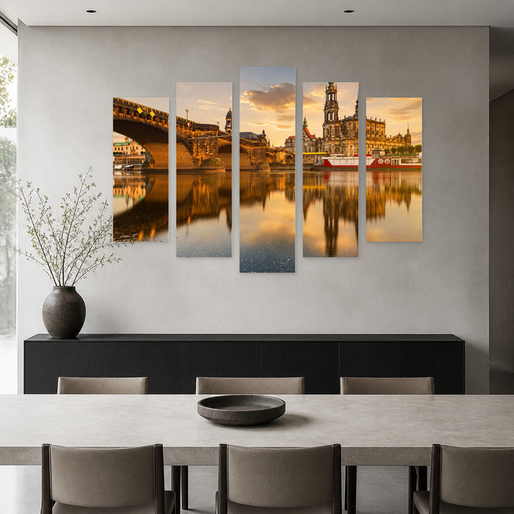 August Bridge at Golden Sunset — five-panel wall art in alternate frontal interior | 5wallart 53613 M4